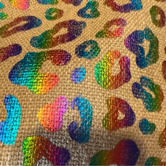 Rainbow metallic leopard handstamped jute tote with adjustable, cross body nwot - Picture 4 of 13